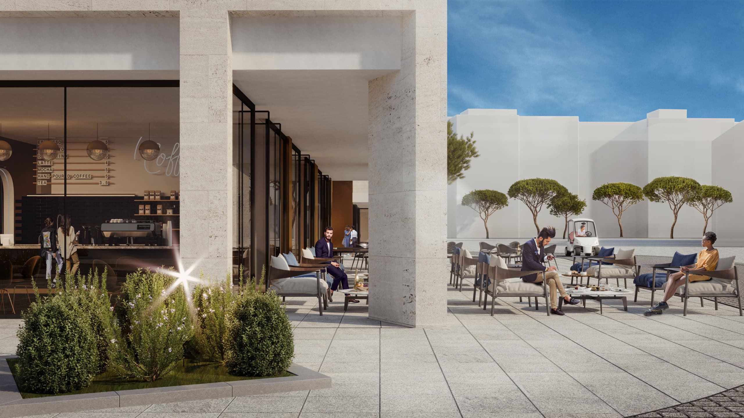 Summer café terrace in a modern residential complex in Tivat, Montenegro: stylish furniture, panoramic glazing, and a garden.