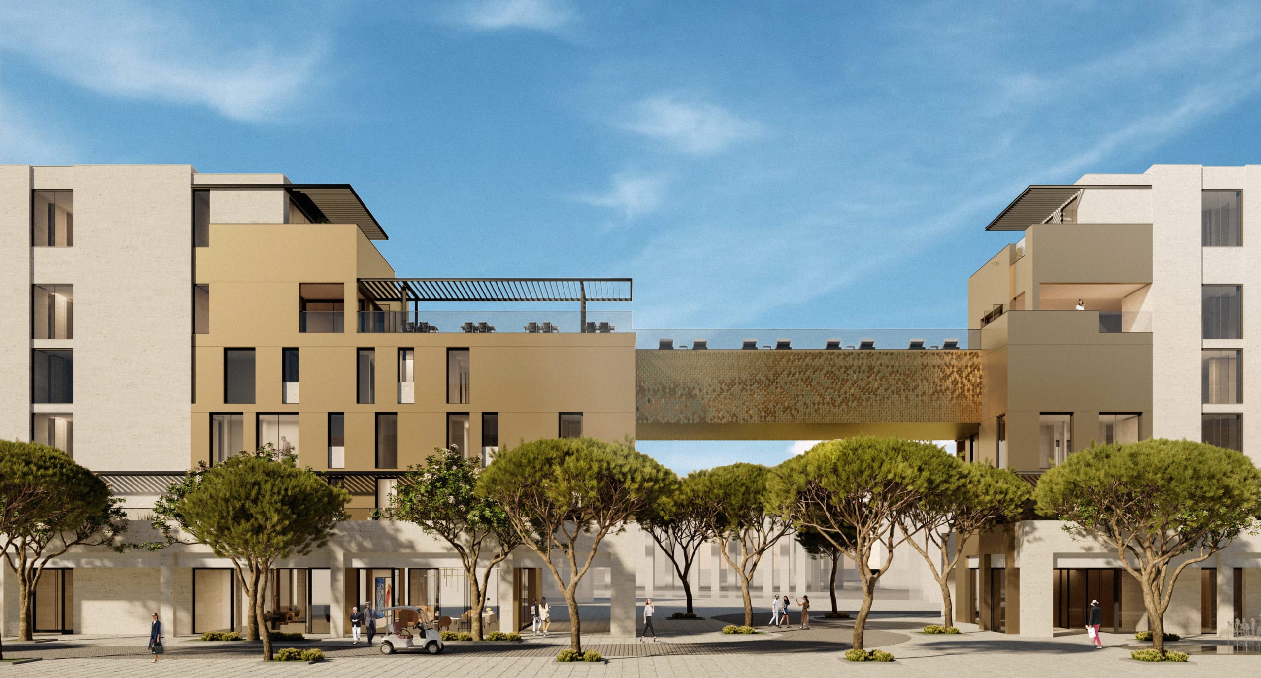 Modern residential complex in Tivat, Montenegro: building architecture with terraces, a golden passageway, and landscaping.
