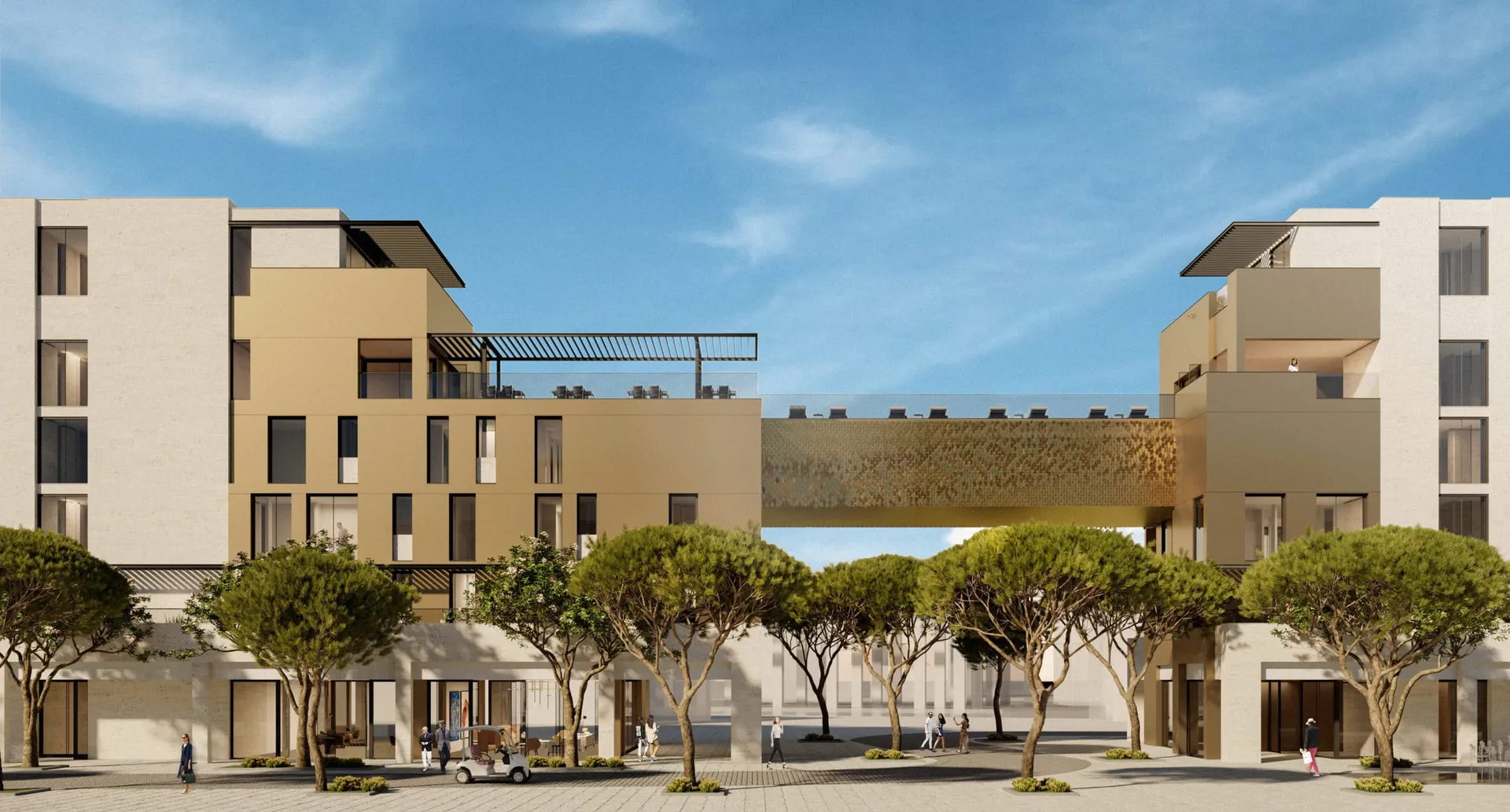 Exterior view of a modern residential complex featuring a sky bridge, trees, and a pedestrian plaza with people walking.