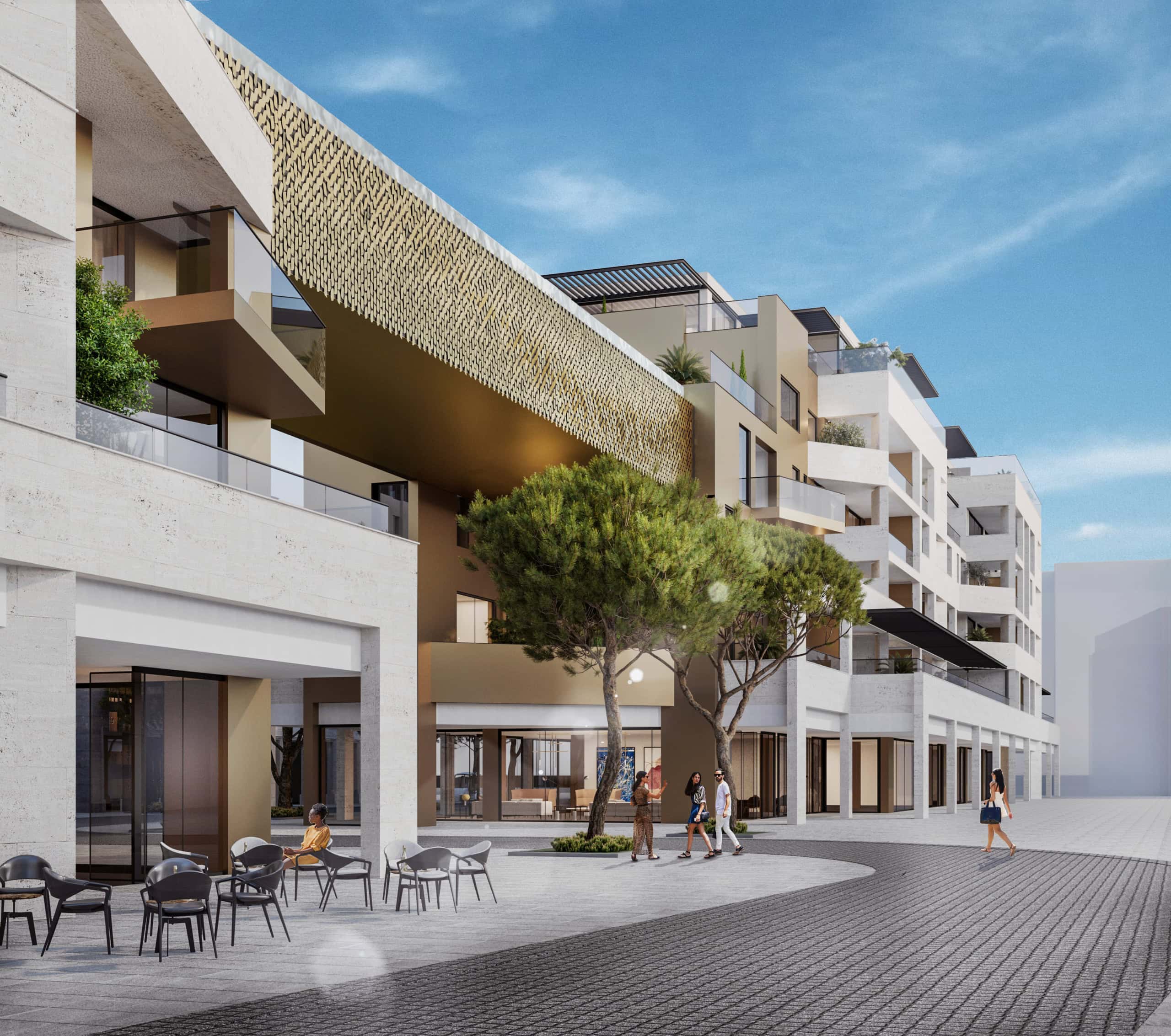 Modern residential complex in Tivat, Montenegro: facade with terraces, panoramic windows, and a pedestrian zone with cafes.