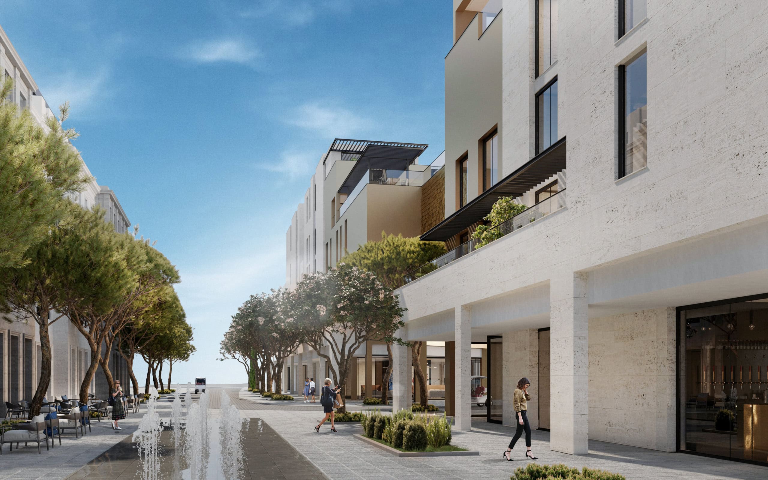 Modern residential complex in Tivat, Montenegro: stylish facade, pedestrian promenade with a fountain and landscaping.