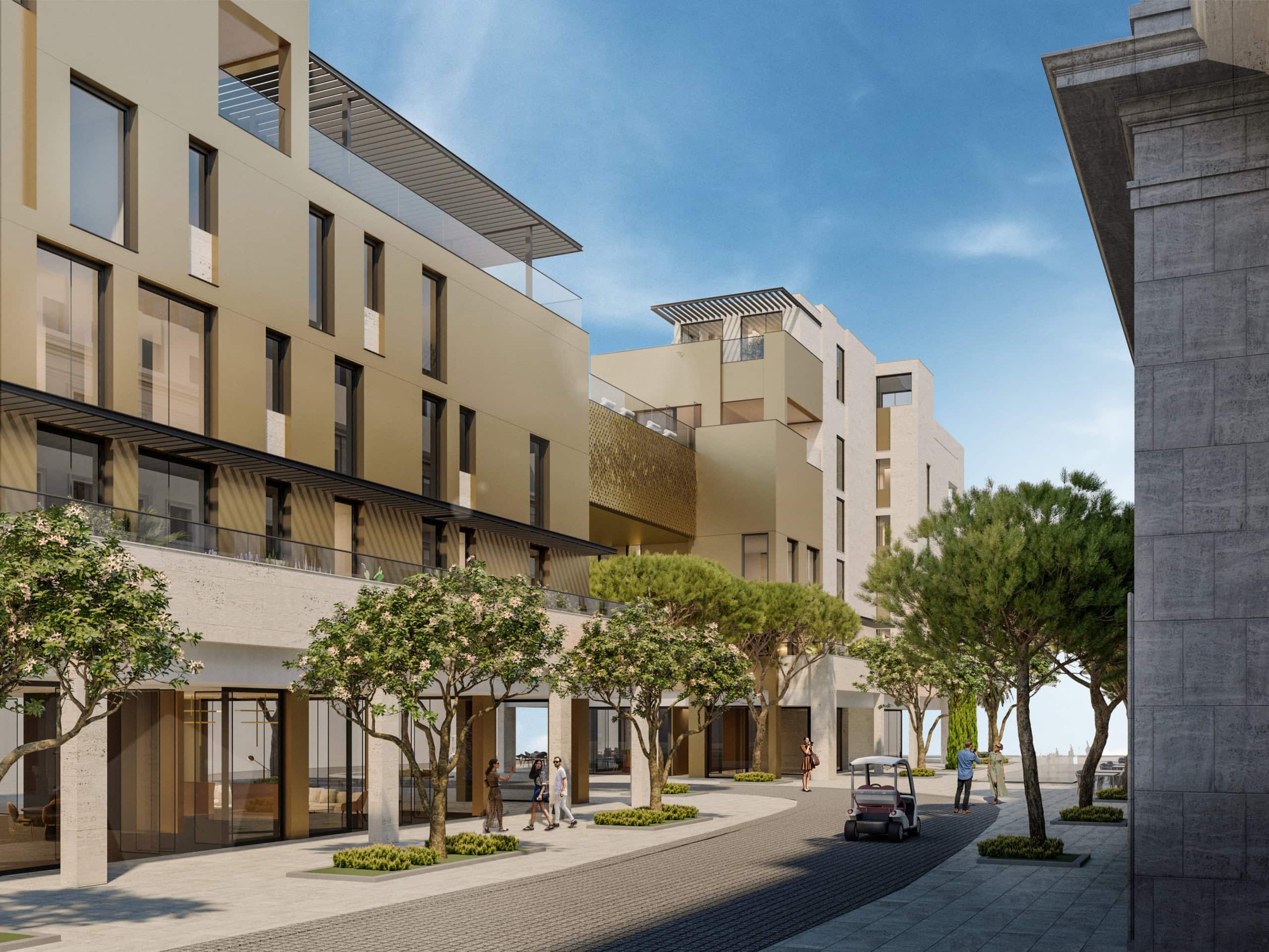 Modern residential complex in Tivat, Montenegro: building architecture with terraces, landscaped pedestrian area, and street.