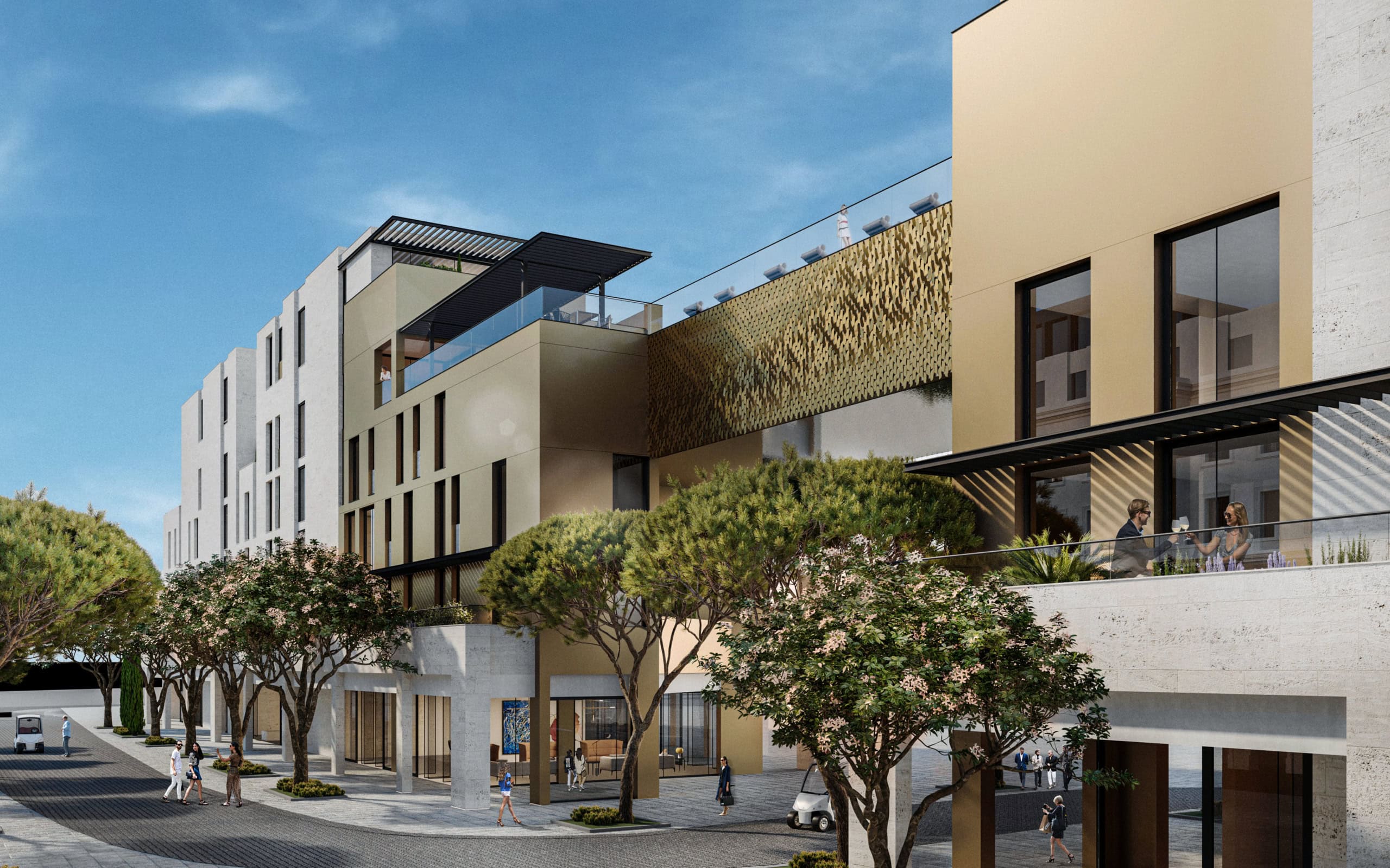 Modern residential complex in Tivat, Montenegro: facade with terraces, panoramic windows, and landscape design.