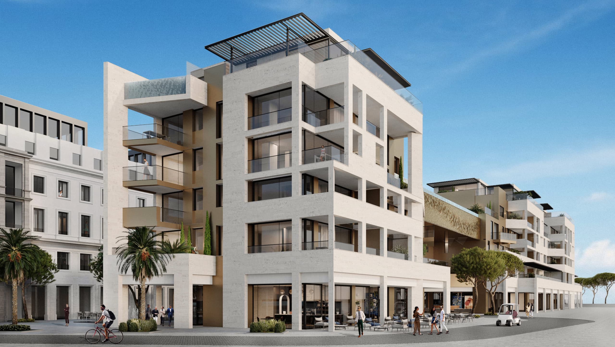 Modern residential complex with terraces in Tivat, Montenegro: premium-class architecture and landscaped grounds.
