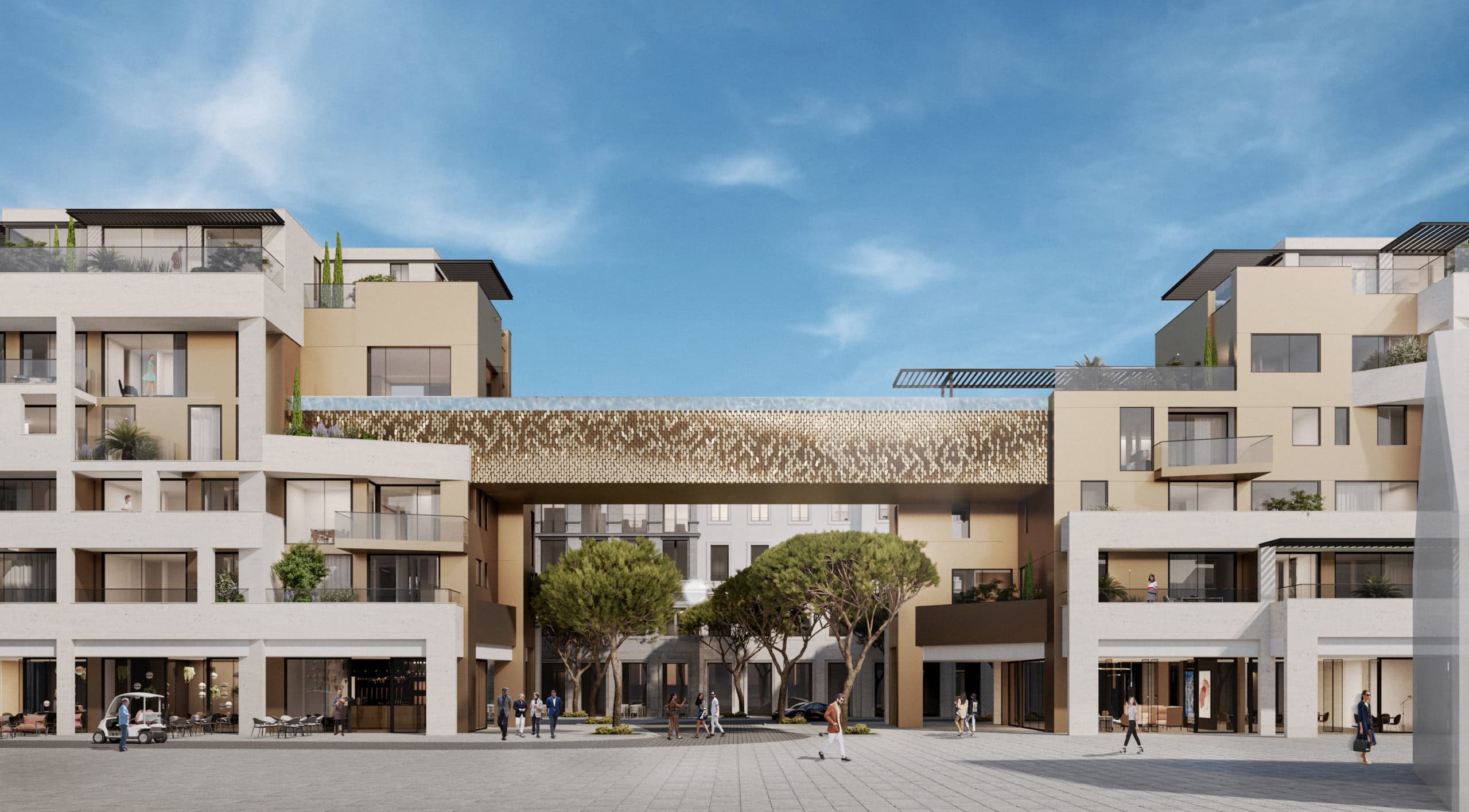 Modern residential complex in Tivat, Montenegro: architecture with terraces, a panoramic pool, and a landscaped courtyard.