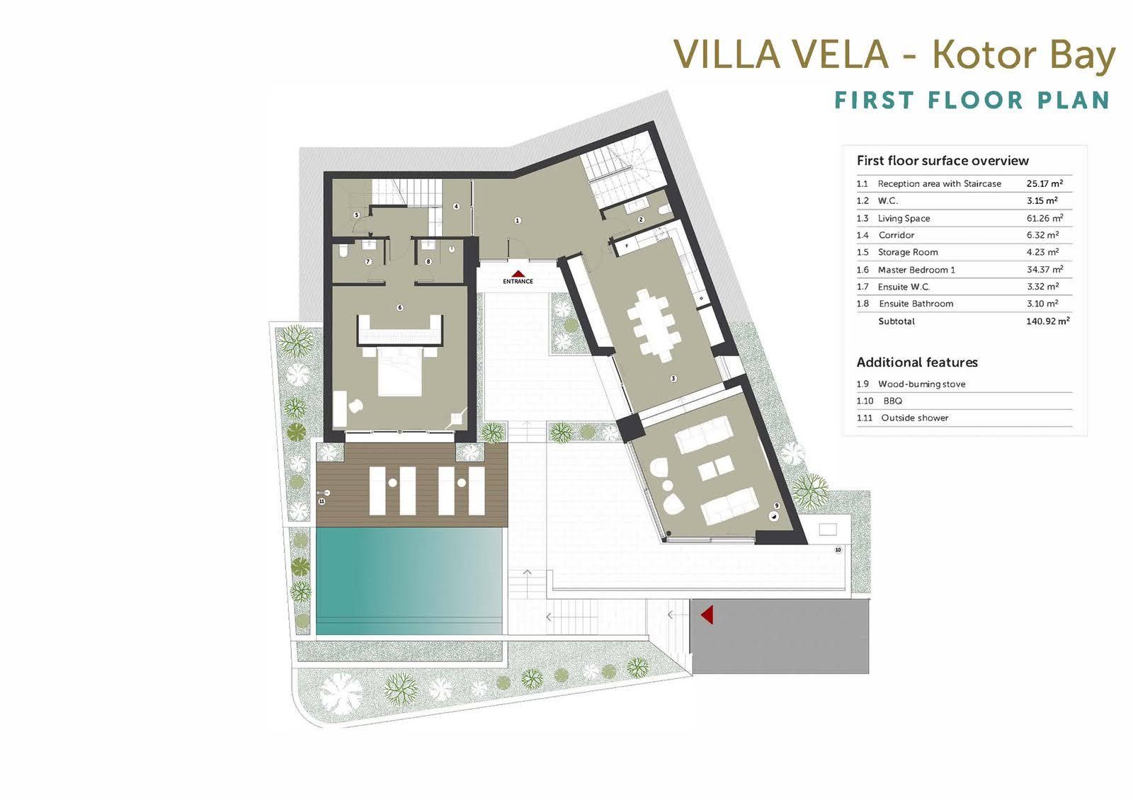First-floor layout of Villa Vela in Kotor Bay, Montenegro: living room, bedroom, and pool.