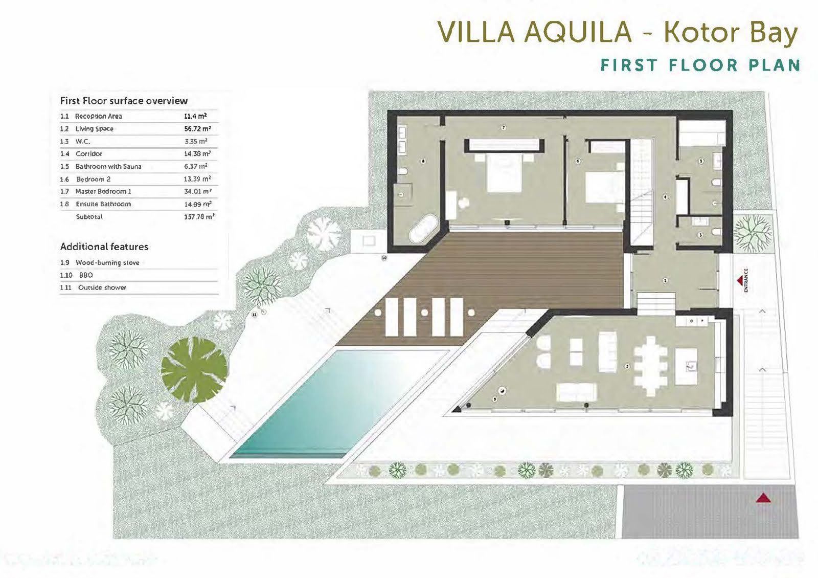 Floor plan of the first floor of Villa Aquila in the Bay of Kotor, Montenegro: living room, bedrooms, sauna, and terrace with pool.