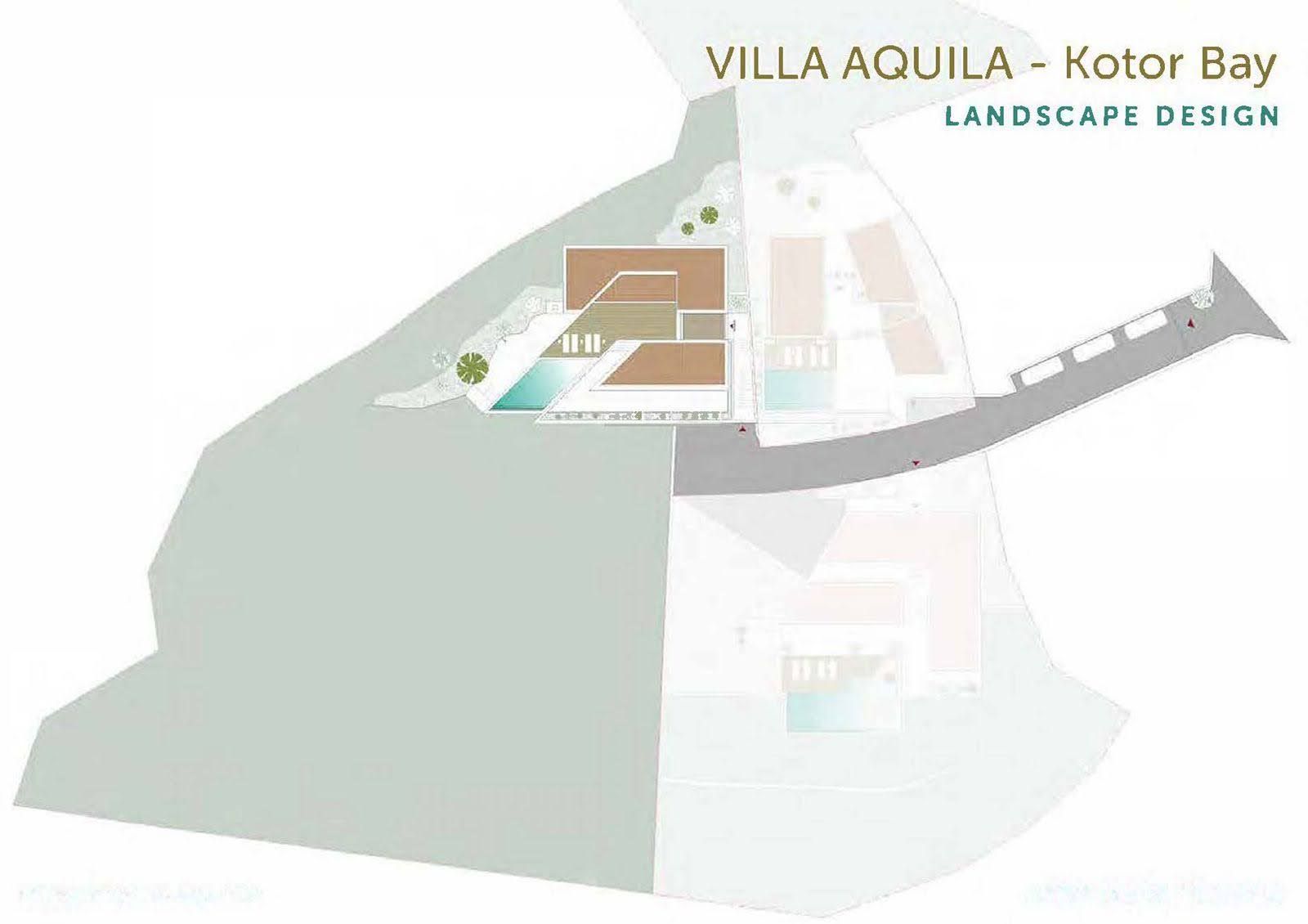 General landscape design plan of the Aquila villa in Kotor Bay, Prčanj, Montenegro: site and building layout.