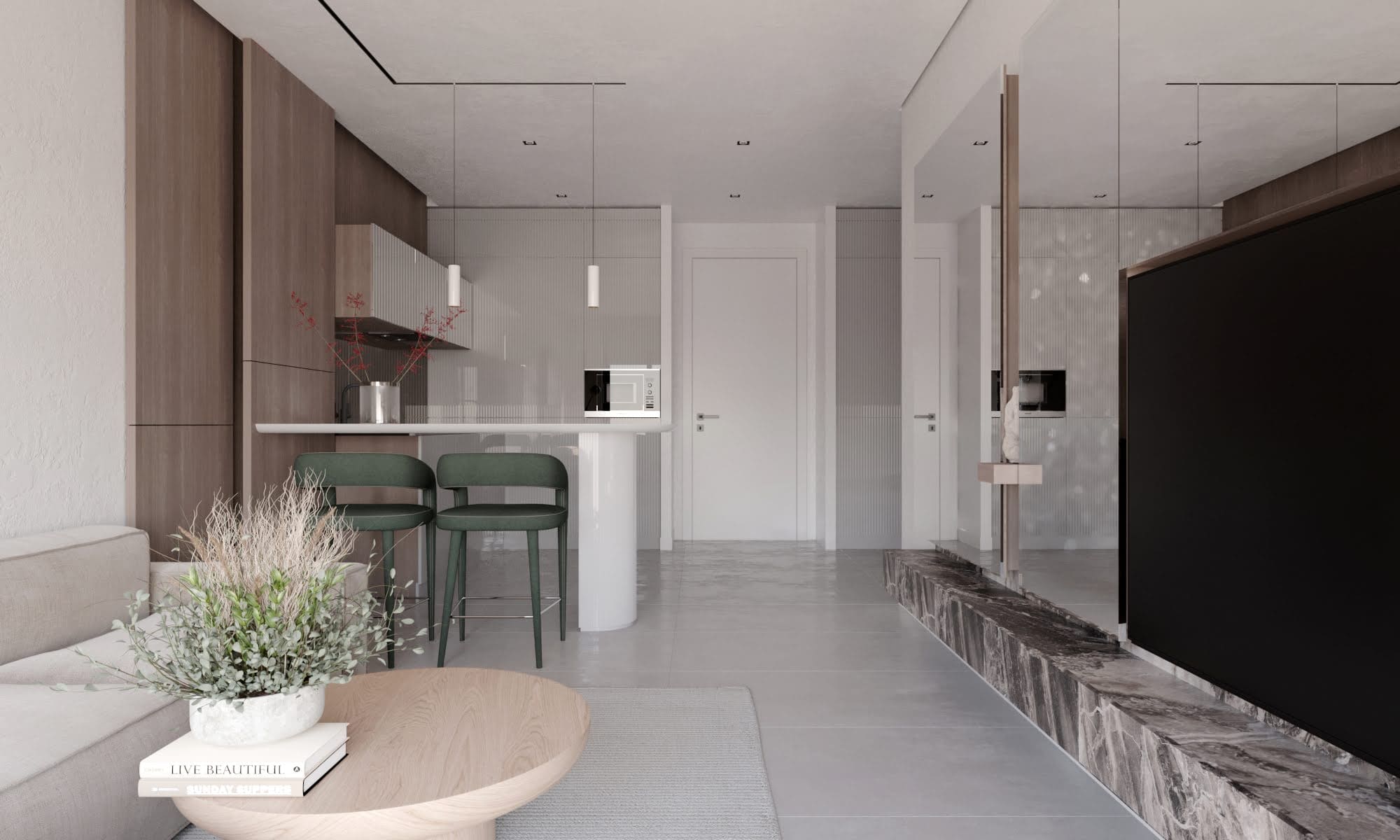 Modern living room with kitchen in Tivat residential complex, Montenegro: stylish interior, bar counter, marble finishes, and TV area.