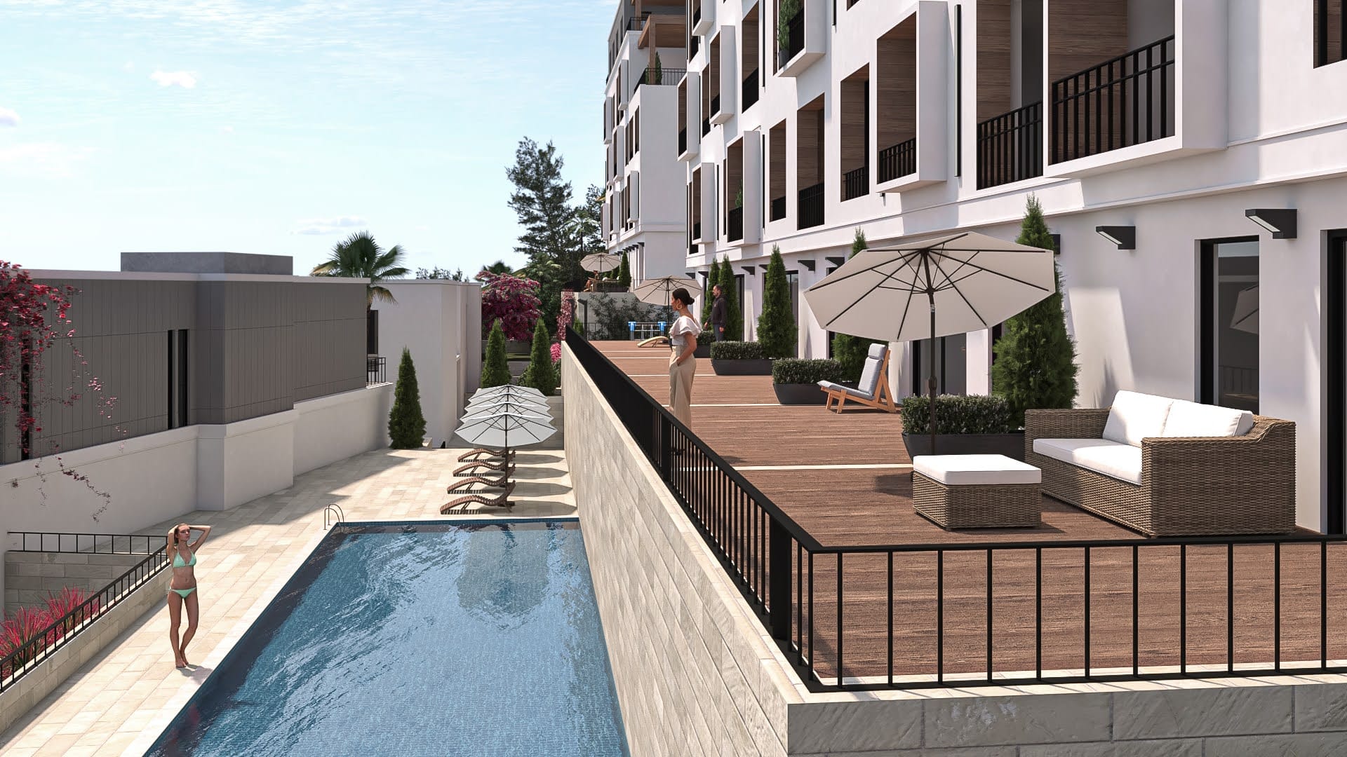 Modern residential complex in Tivat, Montenegro: an open terrace with furniture and a private pool by the house.