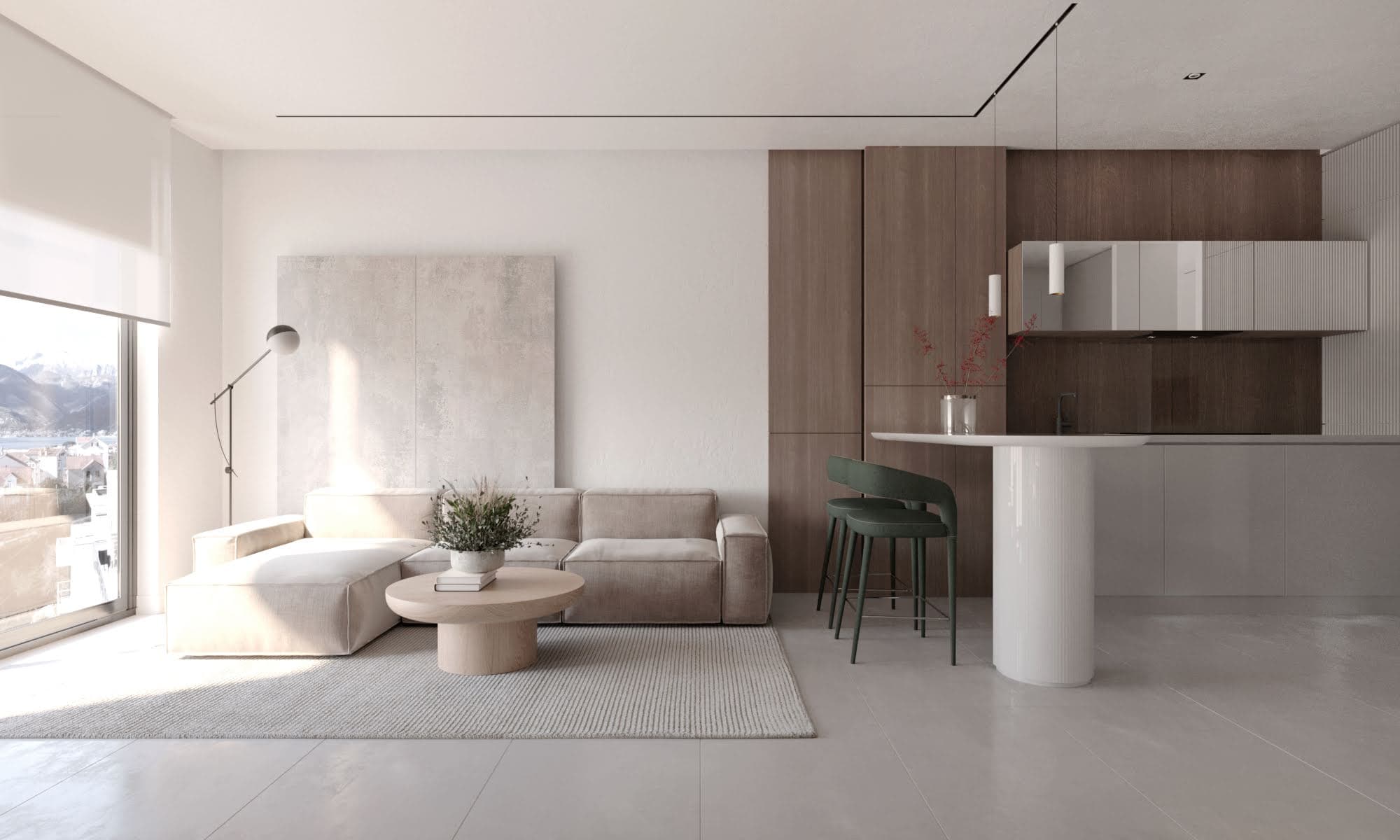 Modern living room with kitchen in Tivat residential complex, Montenegro: light sofa, dining area, panoramic windows with mountain views.