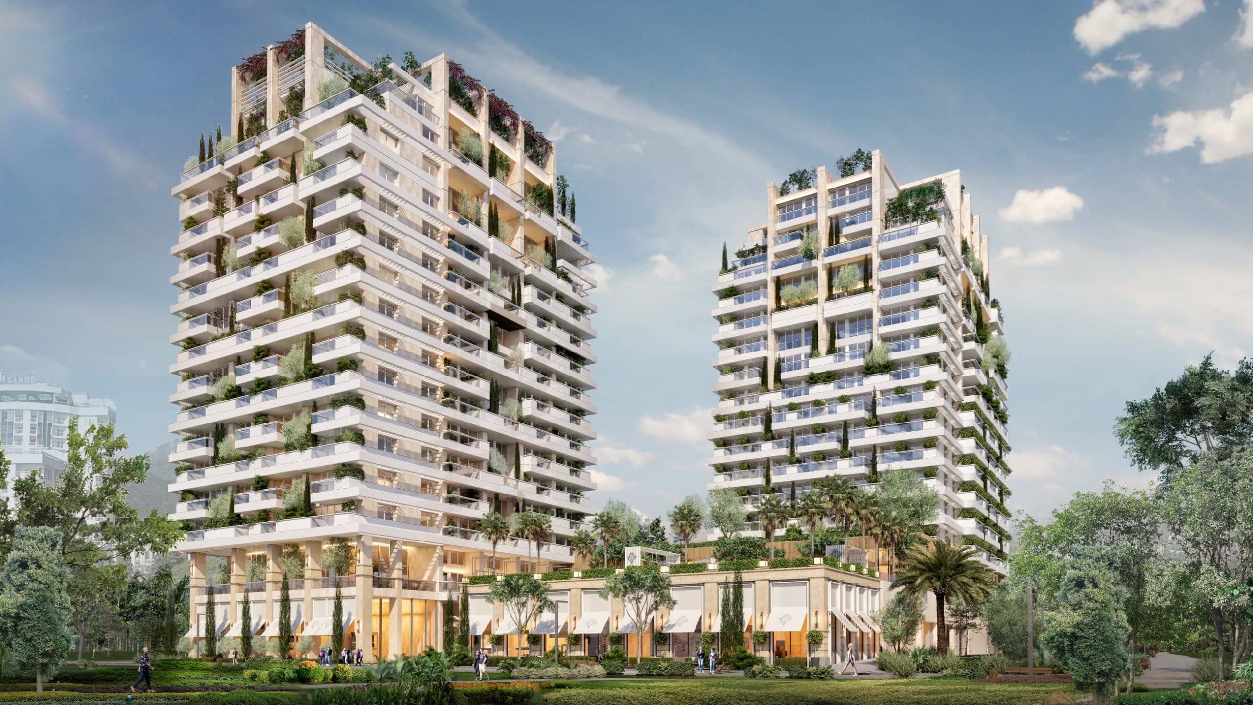 Modern residential complex with terraces and landscaping in Budva, Montenegro: view of upscale multi-story buildings.
