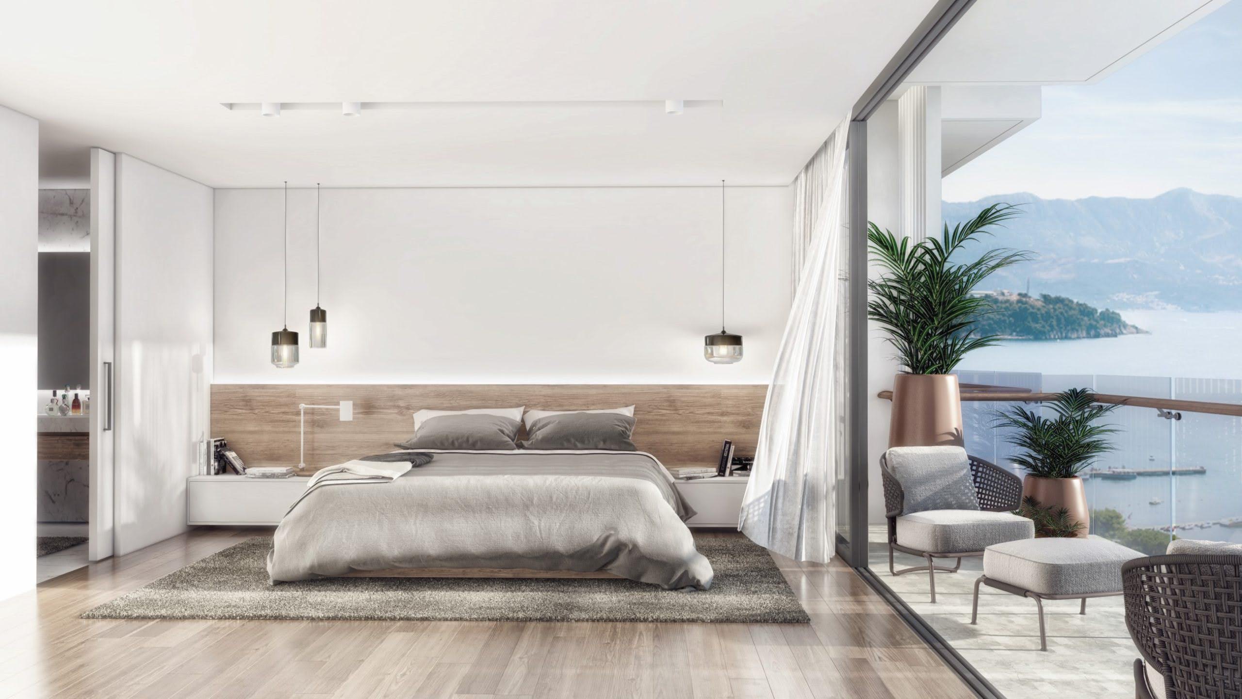Modern bedroom in Budva residential complex, Montenegro: panoramic sea view, terrace, stylish furniture, and wood finishes.