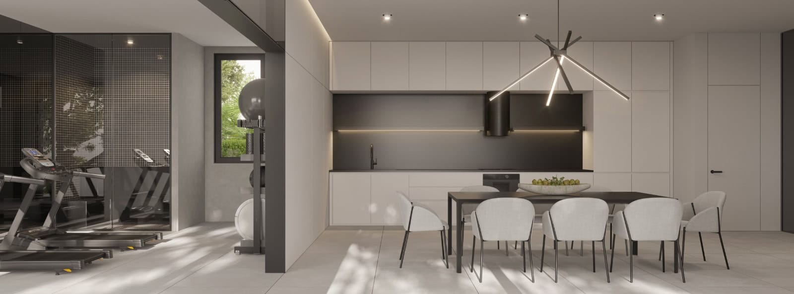 Modern kitchen-dining room with a gym in a villa in Krimovica, Montenegro: stylish interior and premium finishes.