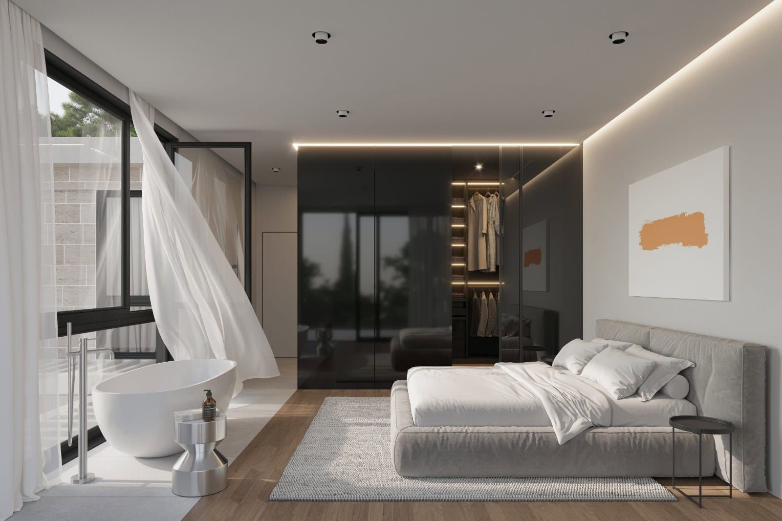 Modern bedroom with a bathtub by the panoramic window and a walk-in closet in a villa in Krimovica, Montenegro.