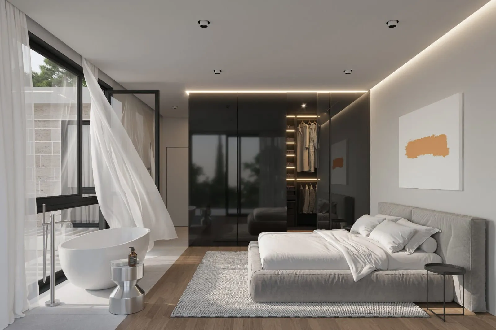 Modern bedroom featuring a large bed, freestanding bathtub by the window, and an open wardrobe.