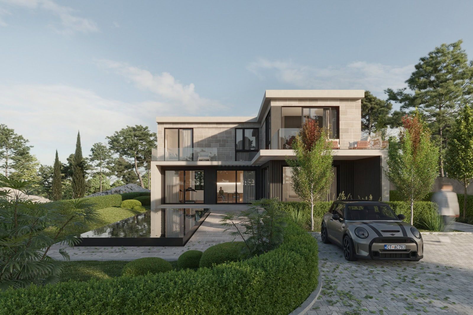 Modern villa in Krimovica, Montenegro: a two-story house with a swimming pool, panoramic windows, and parking at the entrance.