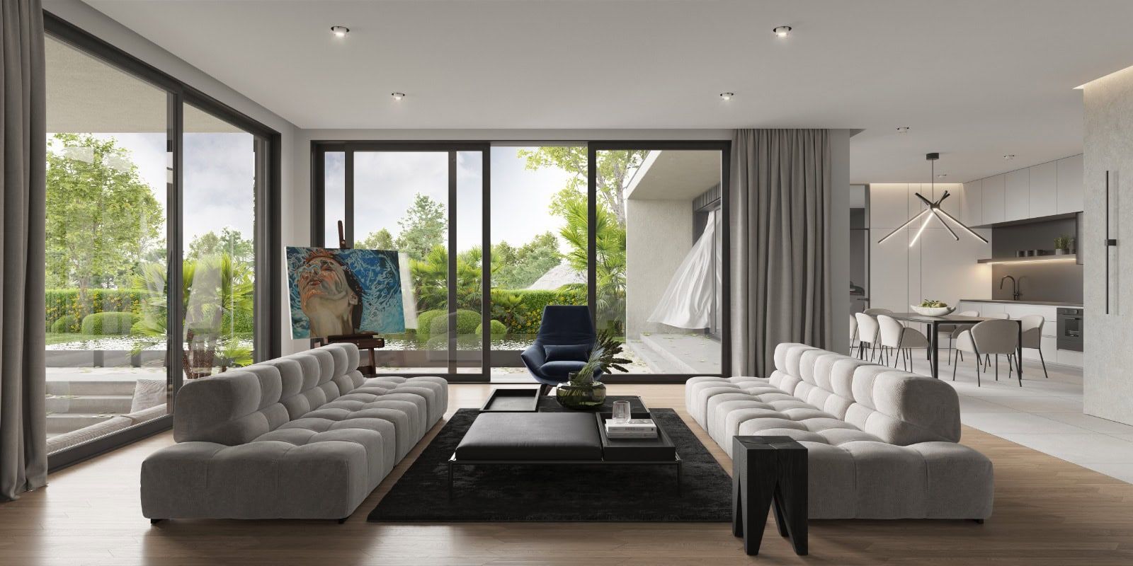 Modern villa living room in Krimovica, Montenegro: panoramic windows, stylish furniture, view of the garden and terrace.