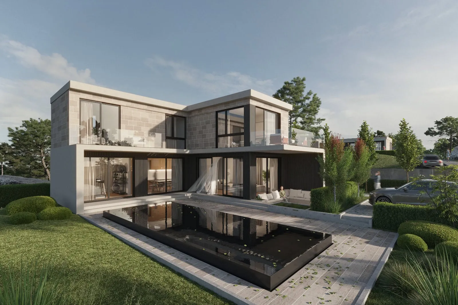 Modern two-story house with a flat roof, reflecting pool, and landscaped garden visible in the foreground.