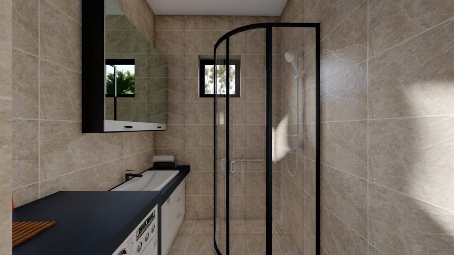 Modern bathroom in the Dobra Voda residential complex, Montenegro: walk-in shower, stylish tile finishes, and built-in furniture.
