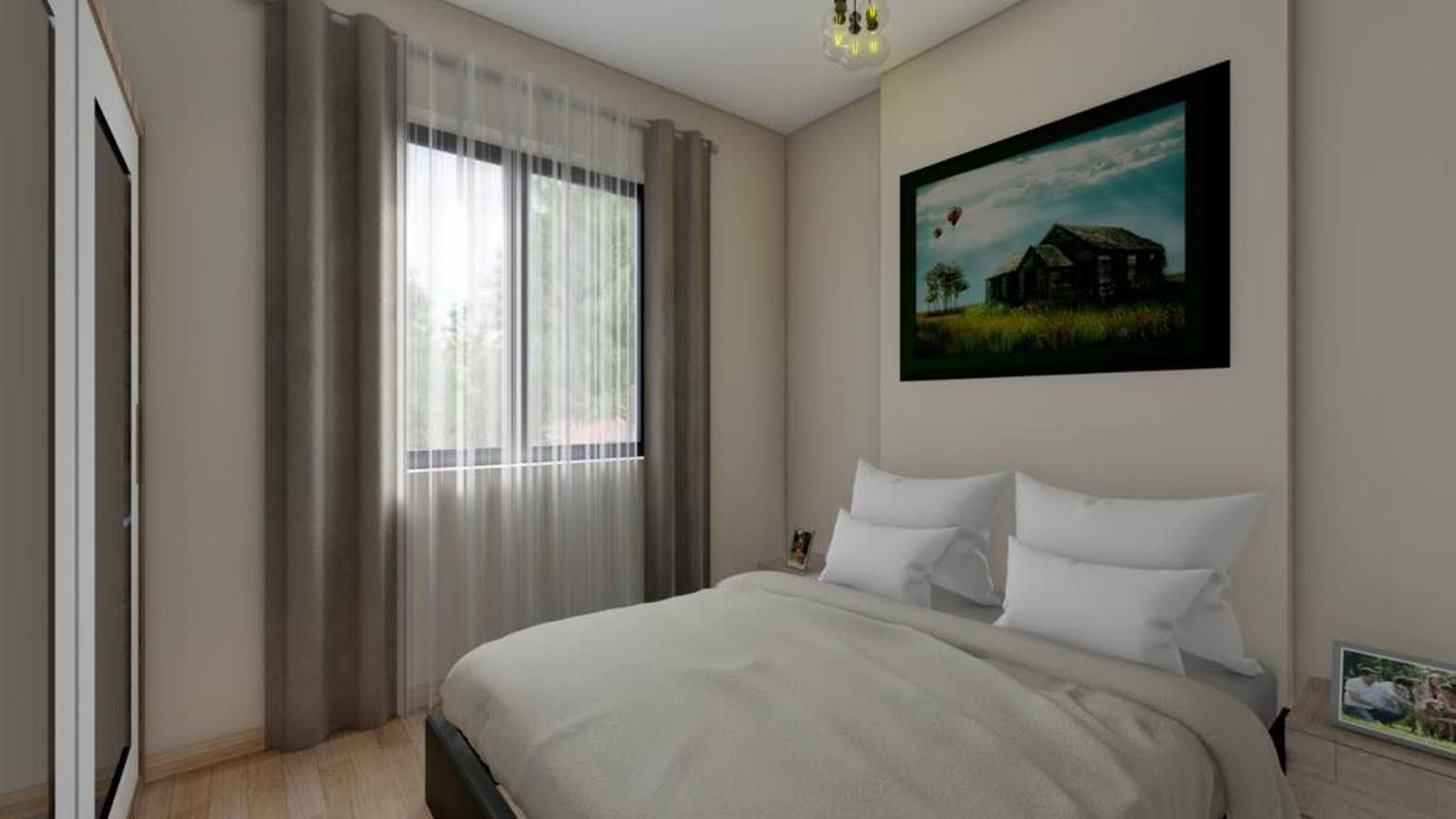 Modern bedroom with a double bed in the Dobrye Vody residential complex, Montenegro: bright interior, painting, and panoramic window.