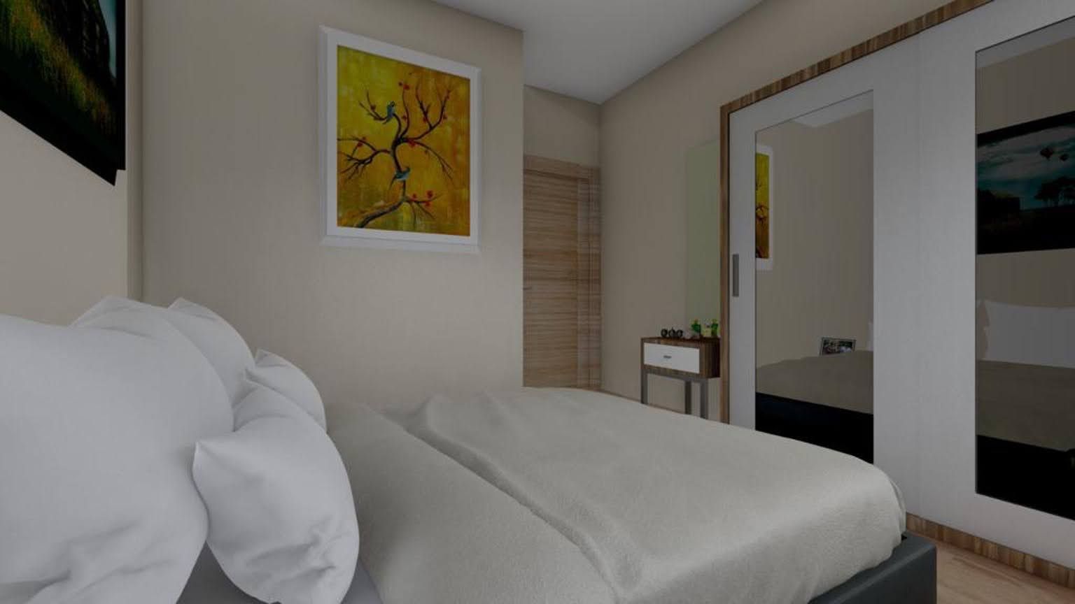 Modern bedroom with a double bed and mirrored wardrobe in the Dobra Vode residential complex, Montenegro. Light-toned interior.