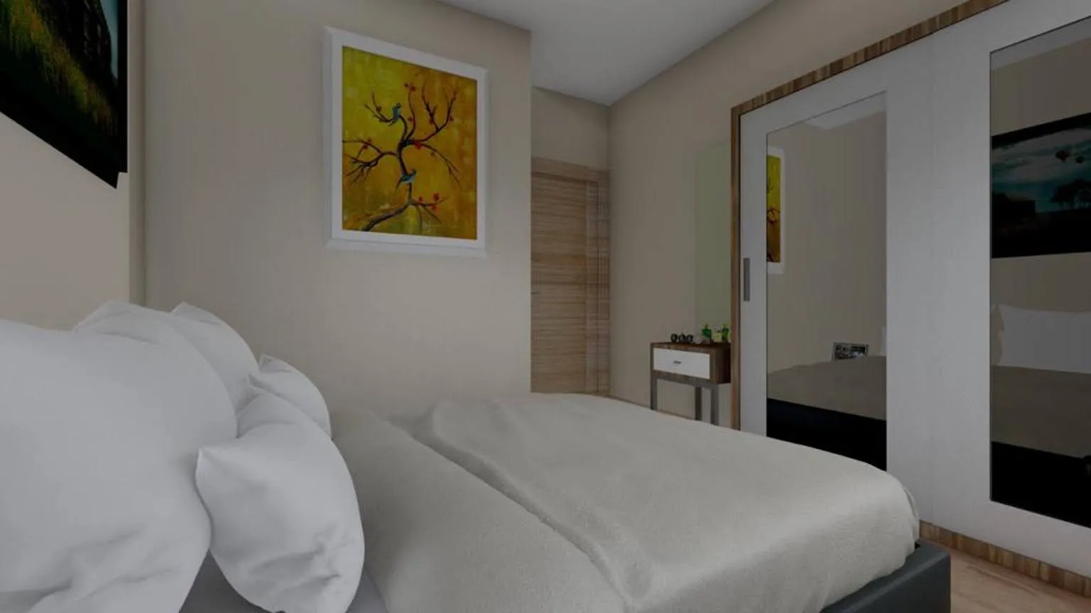 Modern bedroom featuring a white bed, mirrored wardrobe, and artwork of a tree on the wall.