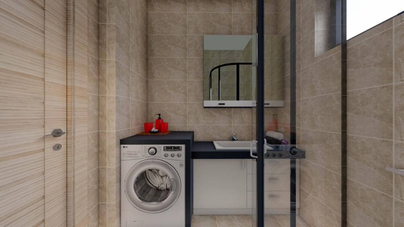 Modern bathroom with a shower cabin and washing machine in a residential complex, Dobra Voda, Montenegro.