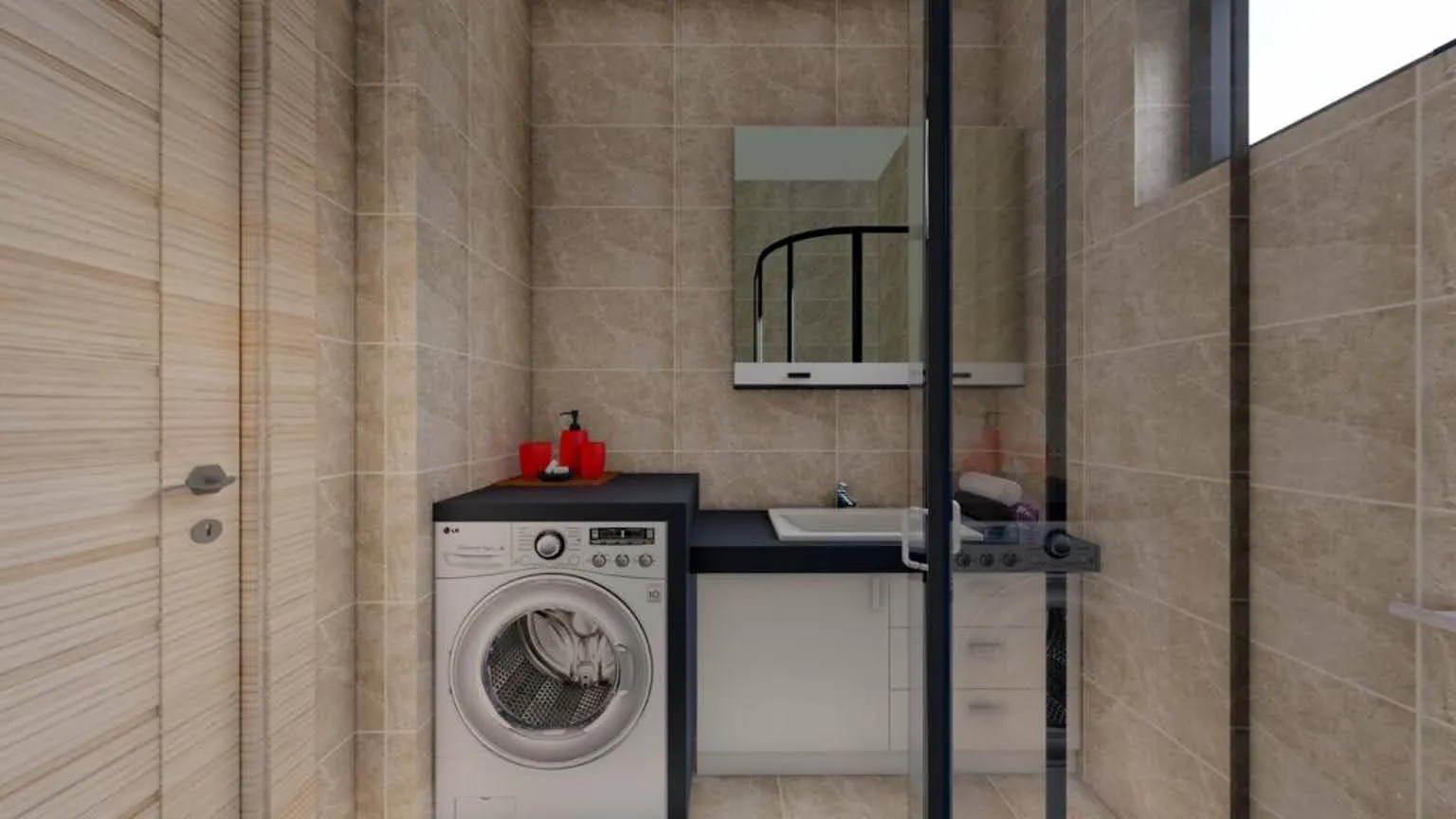 Bathroom featuring a washing machine, sink, mirror, and glass shower partition on beige tiled walls.