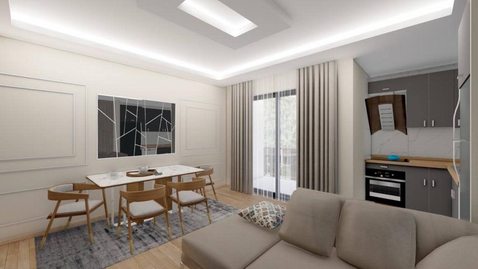 Modern living room with kitchen in the Dobrye Vody residential complex, Montenegro: bright interior, dining area, and access to the balcony.