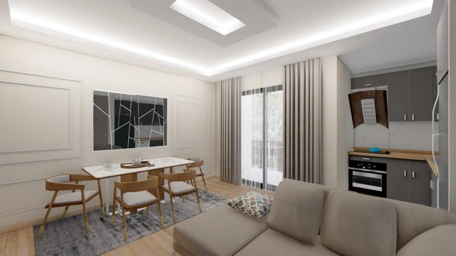 Living room featuring a beige sofa, dining table set, and an open kitchen area.