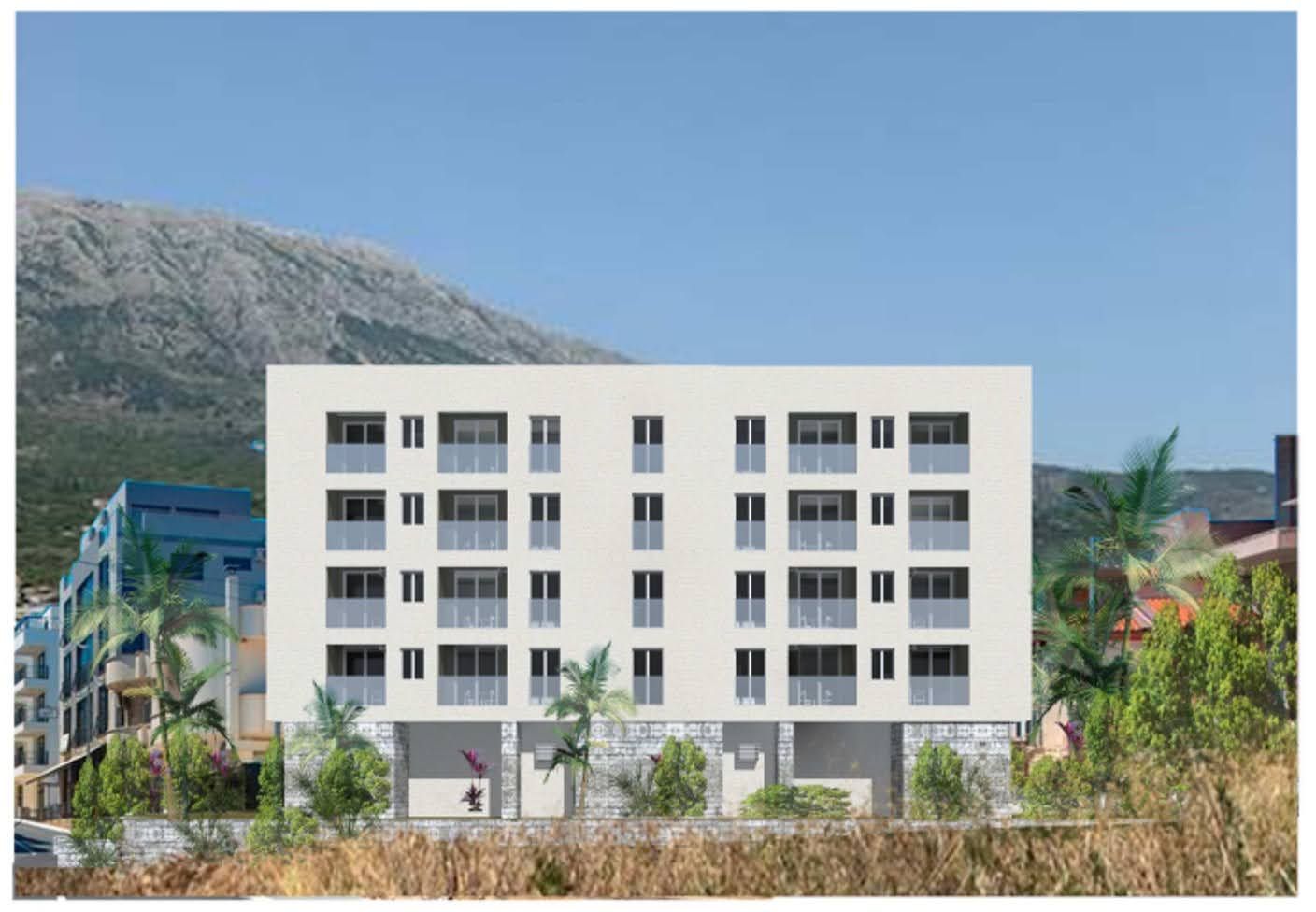 Visualization of a modern residential complex in Dobra Voda, Montenegro: a four-story building with balconies and a mountain view.