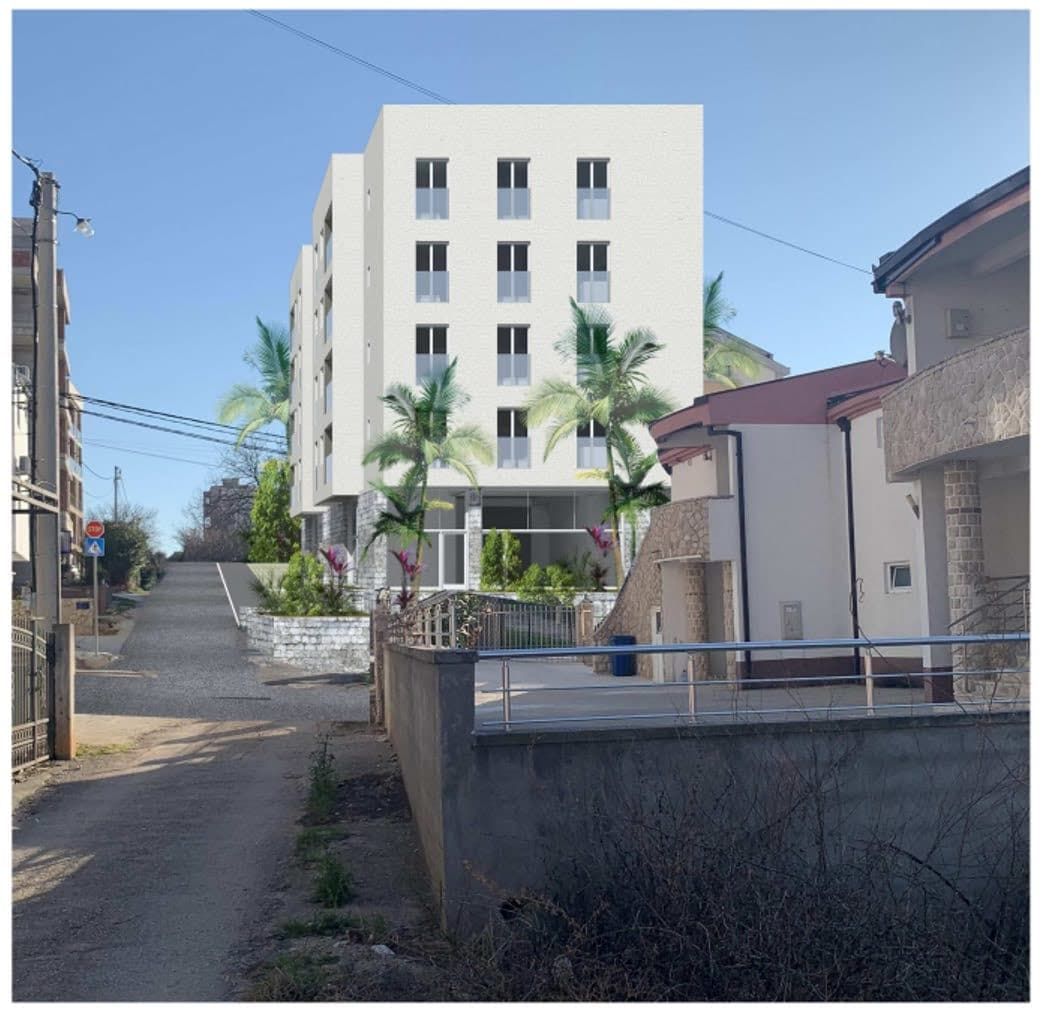 Visualization of a modern residential complex with balconies and palm trees in Dobra Voda, Montenegro, exterior view of the new development.