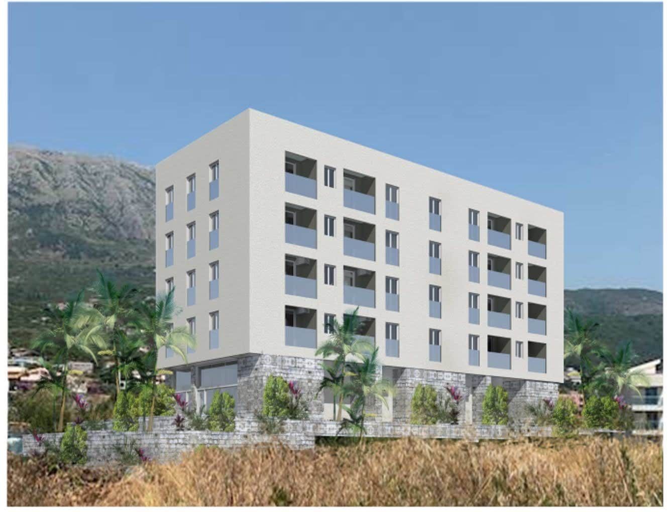 Modern residential complex in Dobra Voda, Montenegro: building project with panoramic balconies and stone facade finishing.
