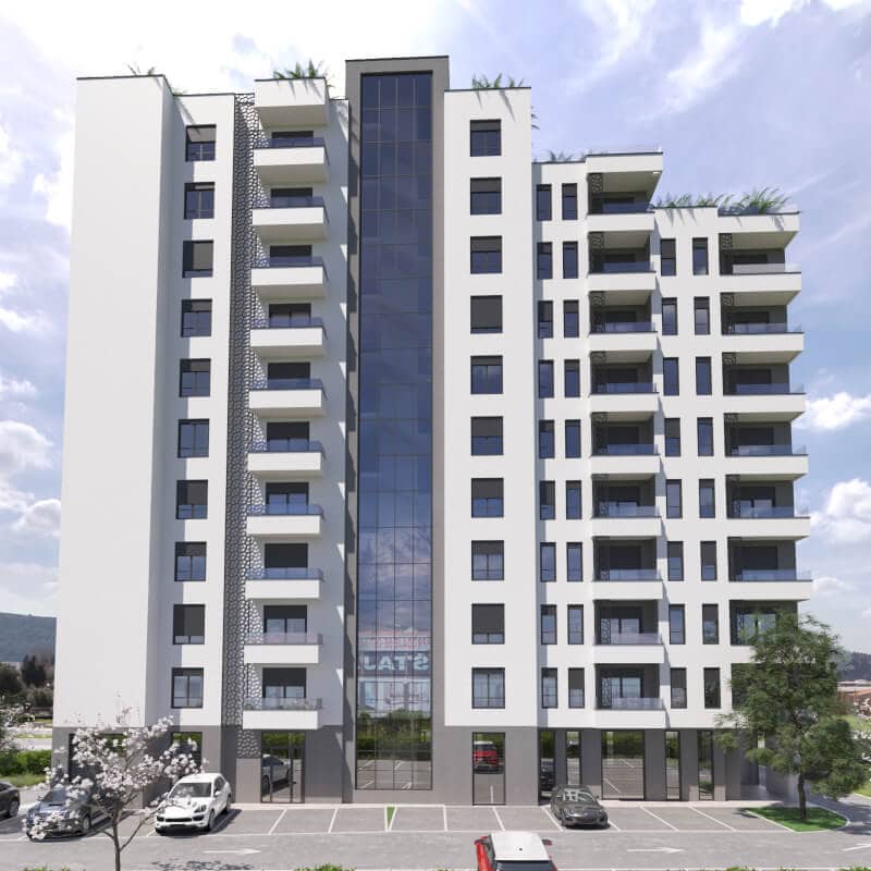 Modern residential complex with panoramic glazing and balconies in Bar, Montenegro. Facade of a new building.