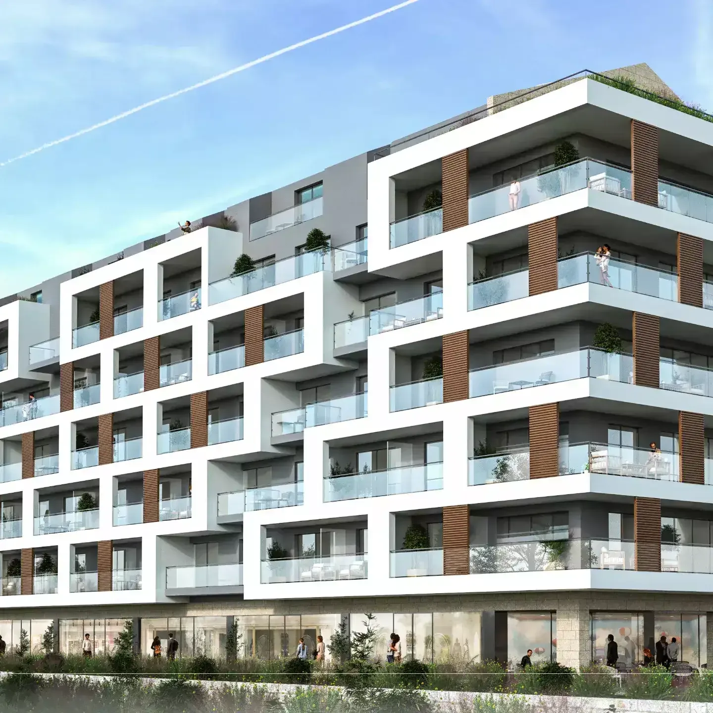 Exterior view of a modern multi-story residential building featuring balconies and wooden panel accents.