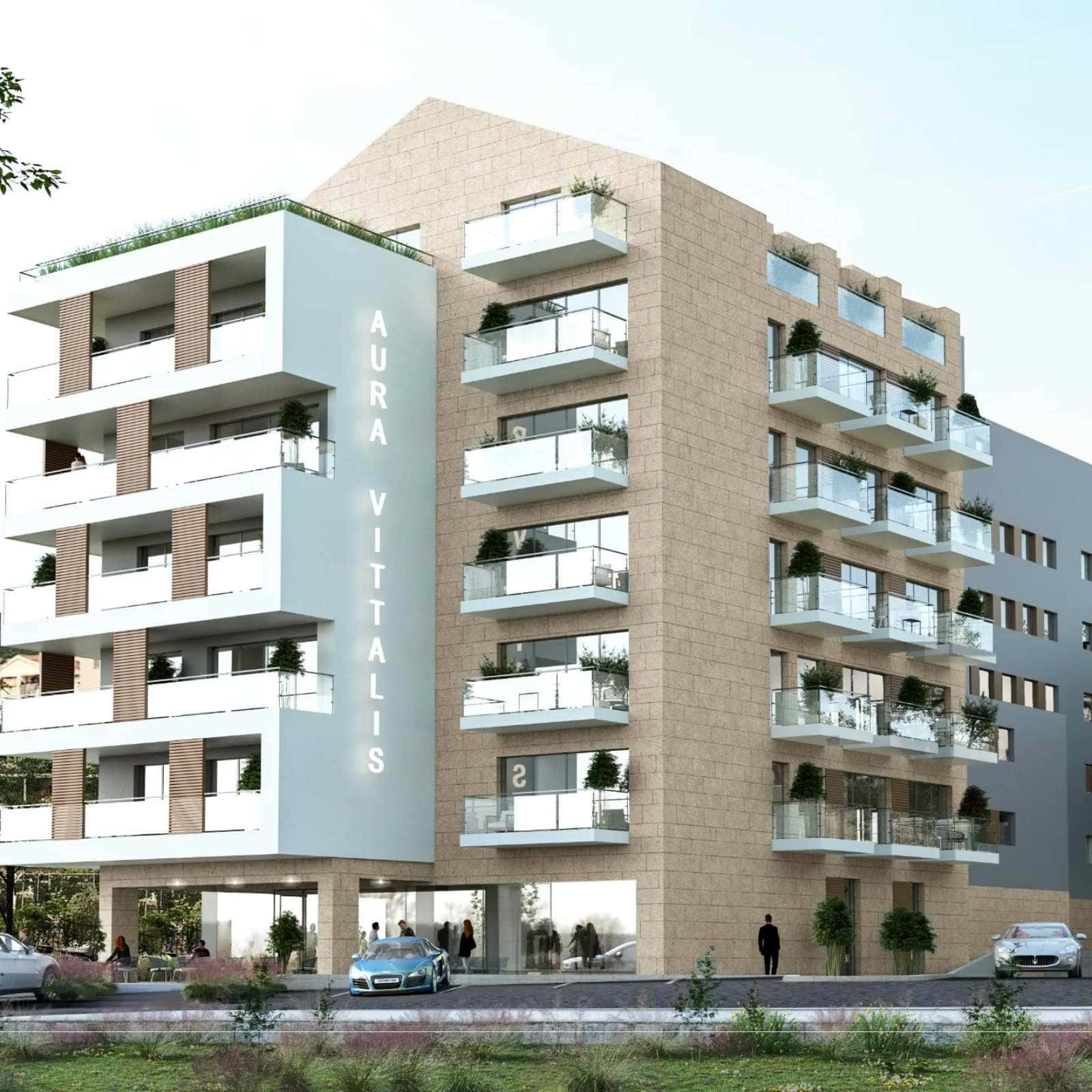 Modern residential complex Aura Vittalis in Budva, Montenegro: building facade with balconies and panoramic glazing.