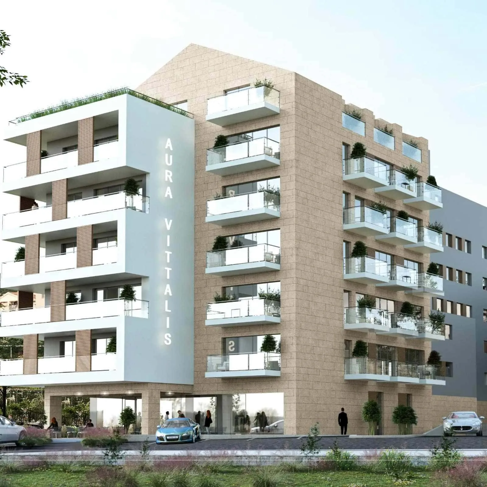 Architectural rendering of a multi-story residential building with balconies and the text AURA VITTALIS on the facade.