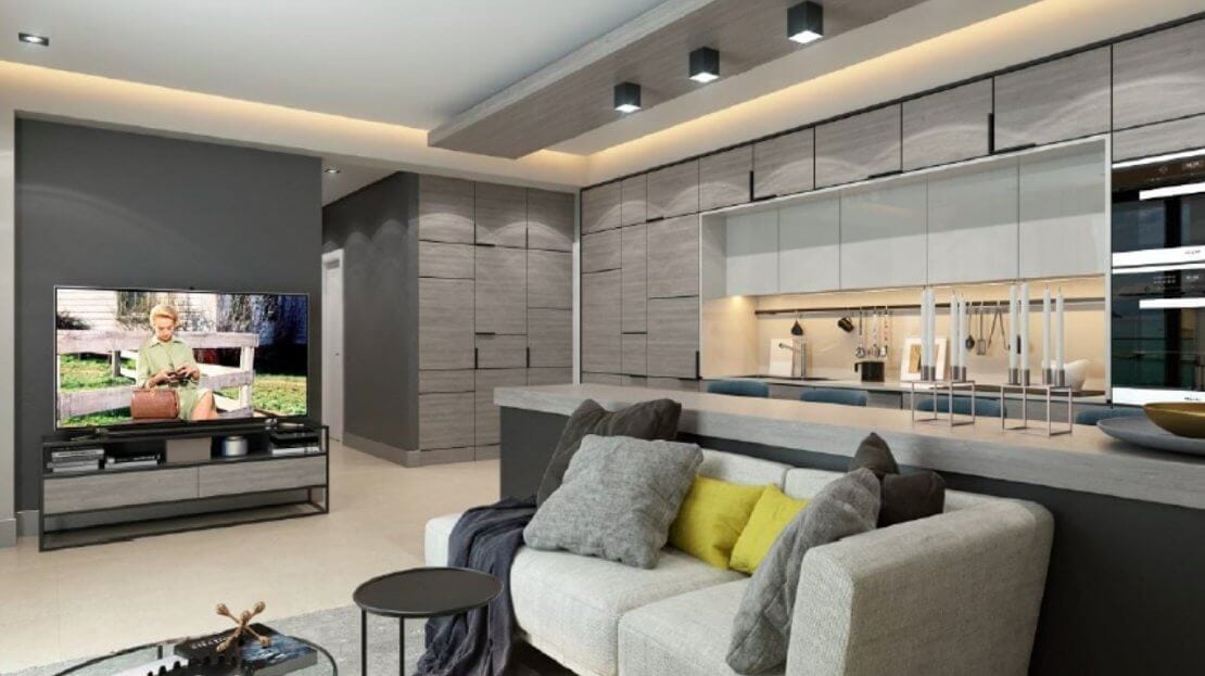 Modern living room with kitchen in an apartment in Bečići, Montenegro: stylish interior, gray furniture, and built-in appliances.