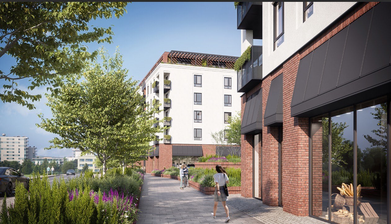 Modern residential complex LUMEN HOMES in Podgorica, Montenegro: landscaped grounds and a brick facade.