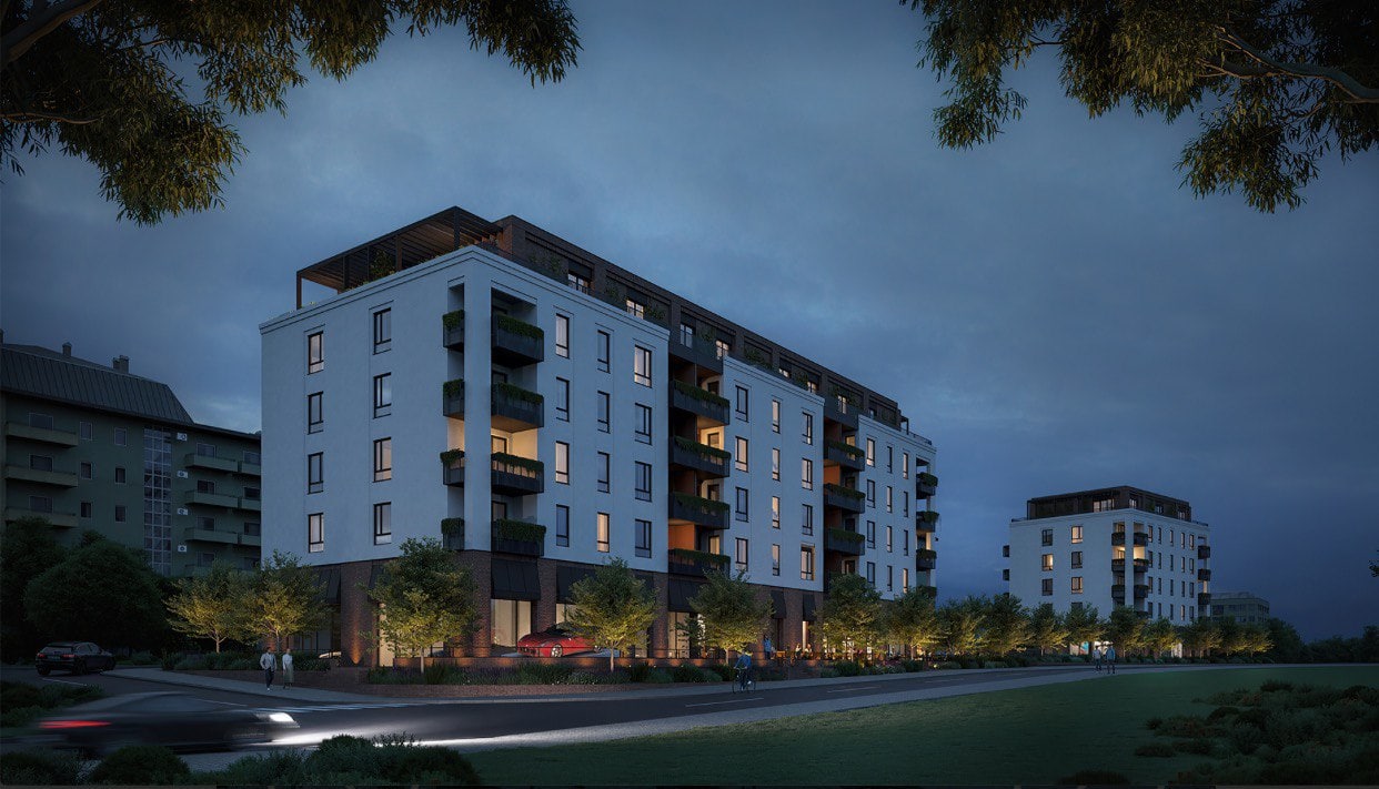 Modern residential complex LUMEN HOMES in Podgorica, Montenegro: night view of the building facade with lighting and balconies.