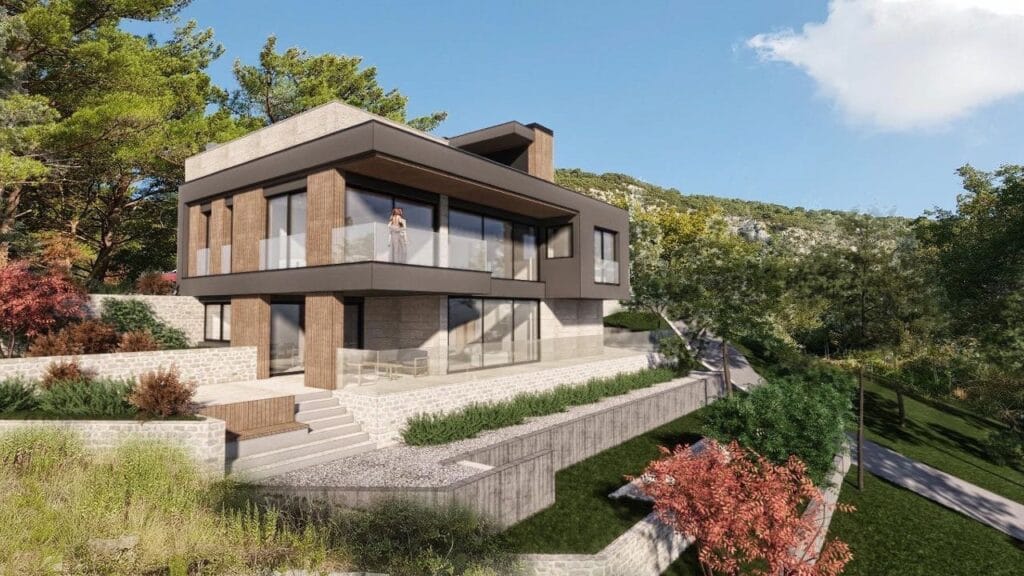 Modern villa in Kavac, Montenegro: a two-story house with panoramic windows, terraces, and a stone-clad facade.