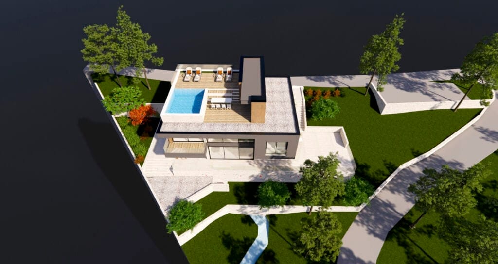 3D visualization of a modern villa with a pool and rooftop terrace in Kavac, Montenegro. Top view of the plot.