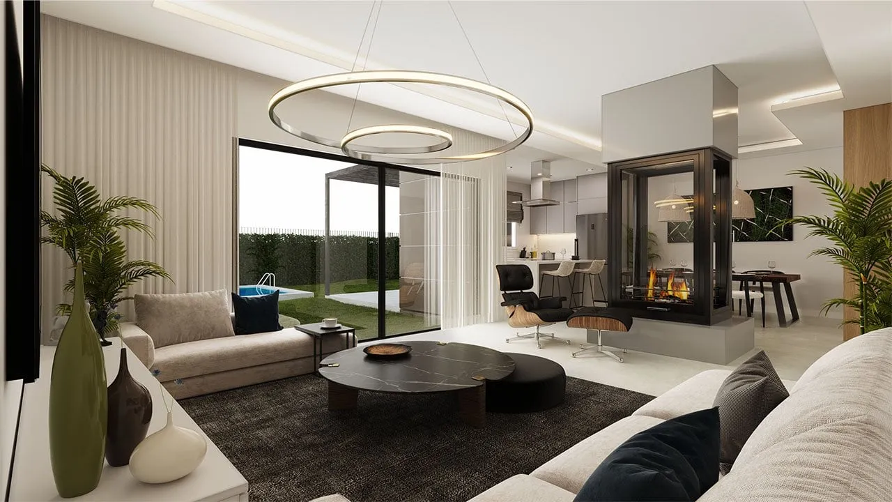 Modern living room with sofas, ring light, fireplace, and pool view through large glass sliding doors.