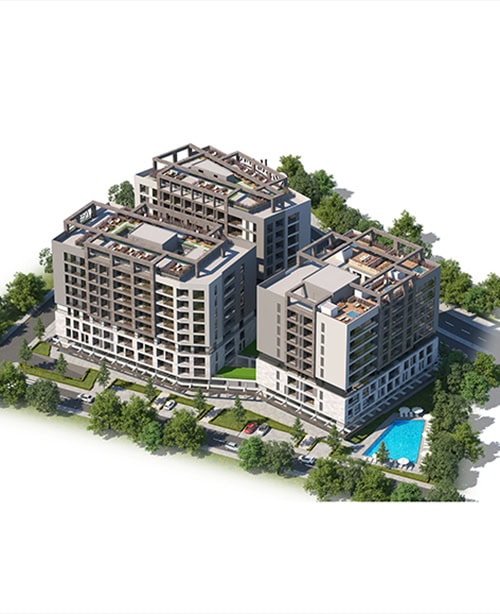 Aerial view of a modern residential complex in Bar, Montenegro, with an outdoor pool and rooftop terraces.