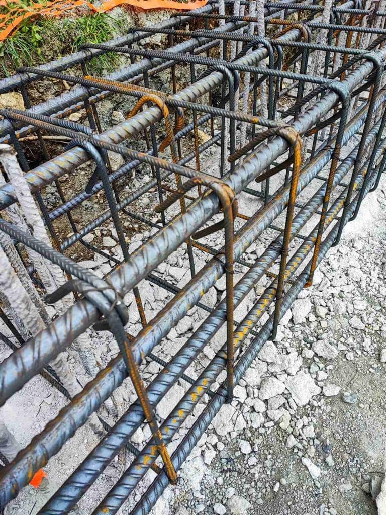 Reinforcement of the foundation of a residential complex under construction in Dobrota, Montenegro: installation of a steel frame on site.