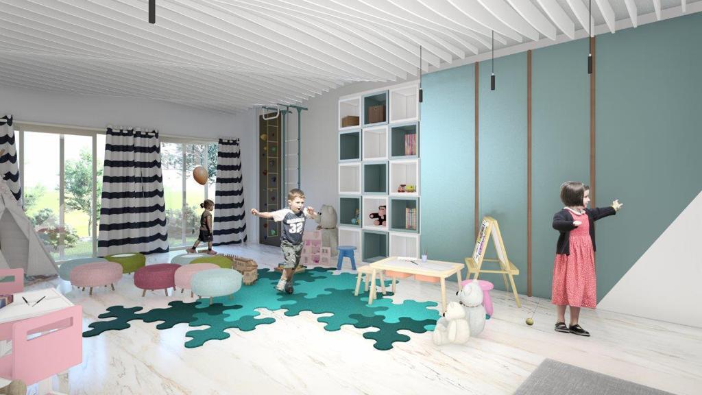 Modern children's playroom in a residential complex in Dobrota, Montenegro: shelves, climbing wall, and bright furniture for children.