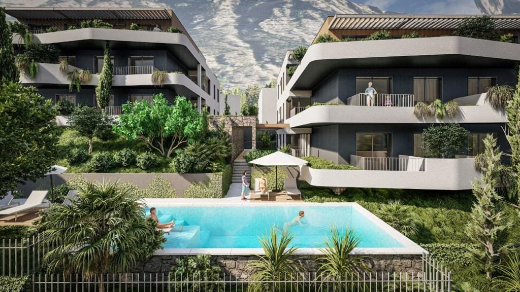 Modern residential complex with a pool and terraces in Dobrota, Montenegro: view of luxury apartments and landscaping.