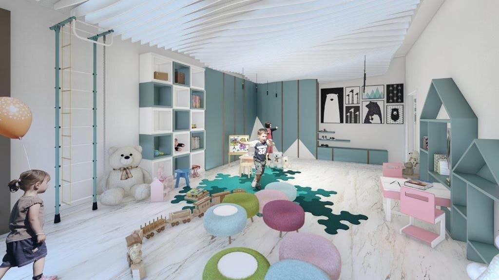 Modern children's playroom in Dobrota residential complex, Montenegro: Swedish wall, shelving, and designer furniture.