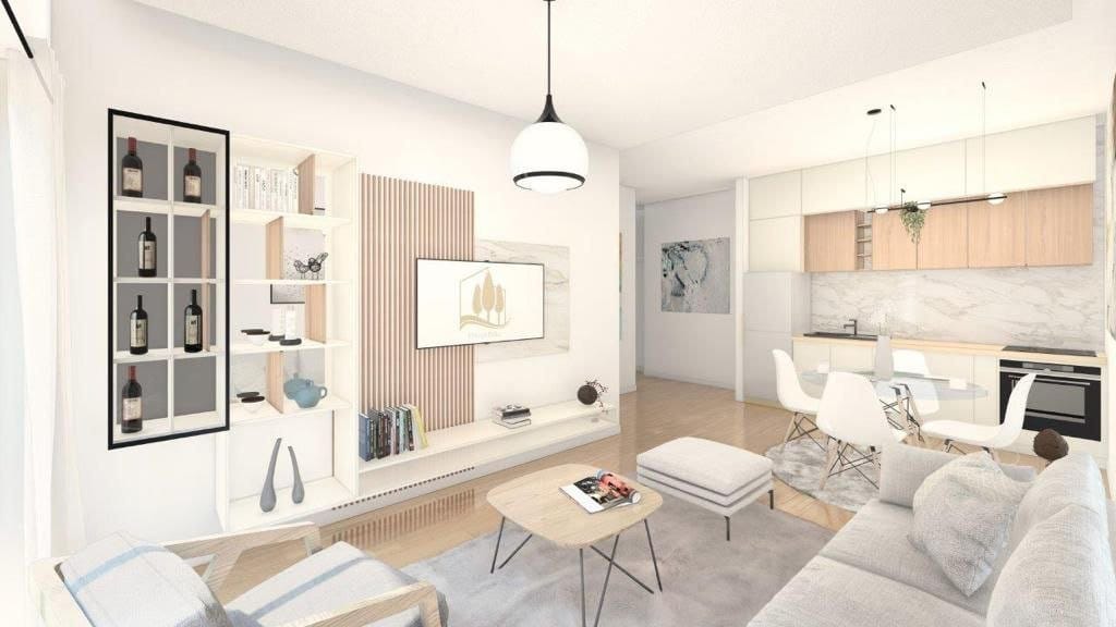Modern living room with kitchen in the Dobrota residential complex, Montenegro: bright interior, stylish furniture, and wood finishes.